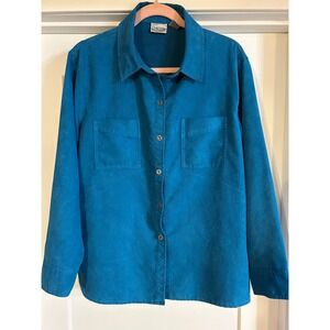 Chicos Teal Blue Faux Suede Button Up Shirt Jacket Size 2 Large Pockets Casual